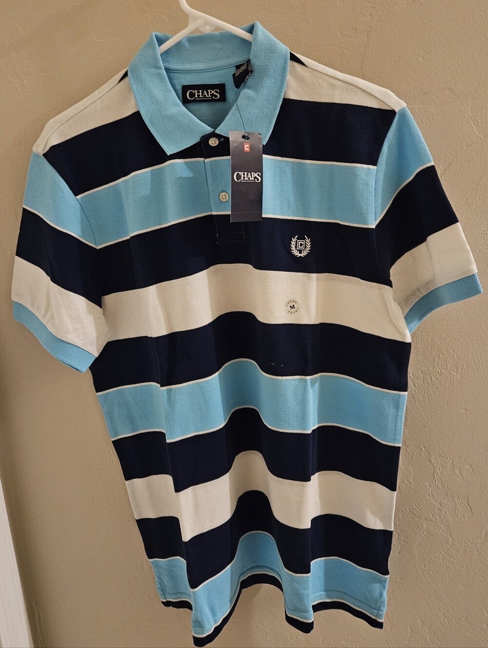 Chaps Polo Mens Navy White Tourquoise Striped Short Sleeve Medium NWT